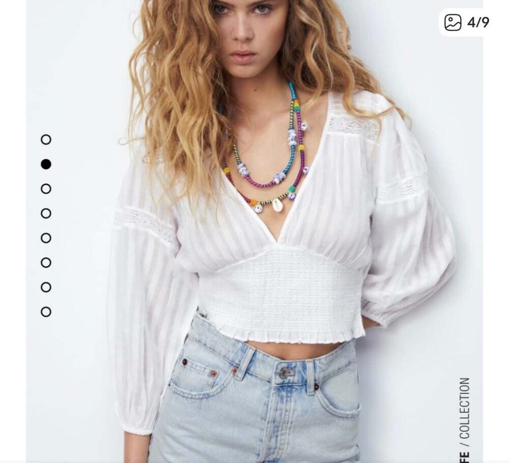 ZARA White Smocked Waist Crochet Trim V-Neck Puff Sleeve Blouse